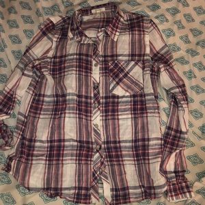 Red white and blue plaid button up shirt